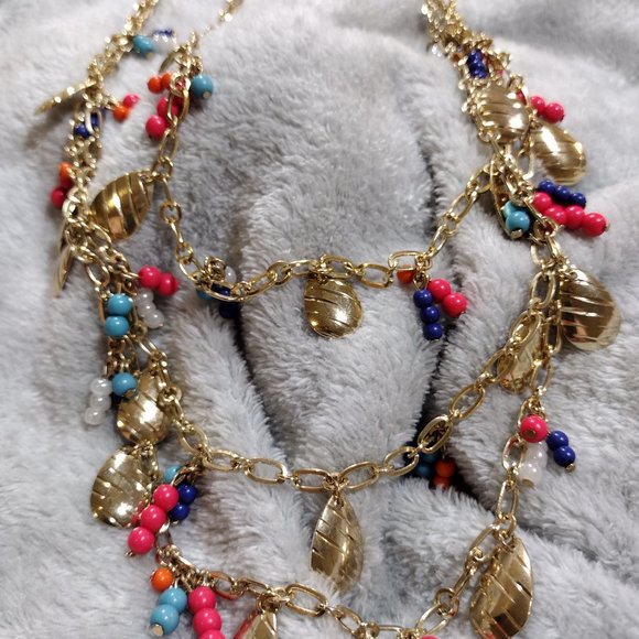 Colorful Gold Chain Charming Necklace Beads Triple Strand Women's Fashion - Picture 1 of 13